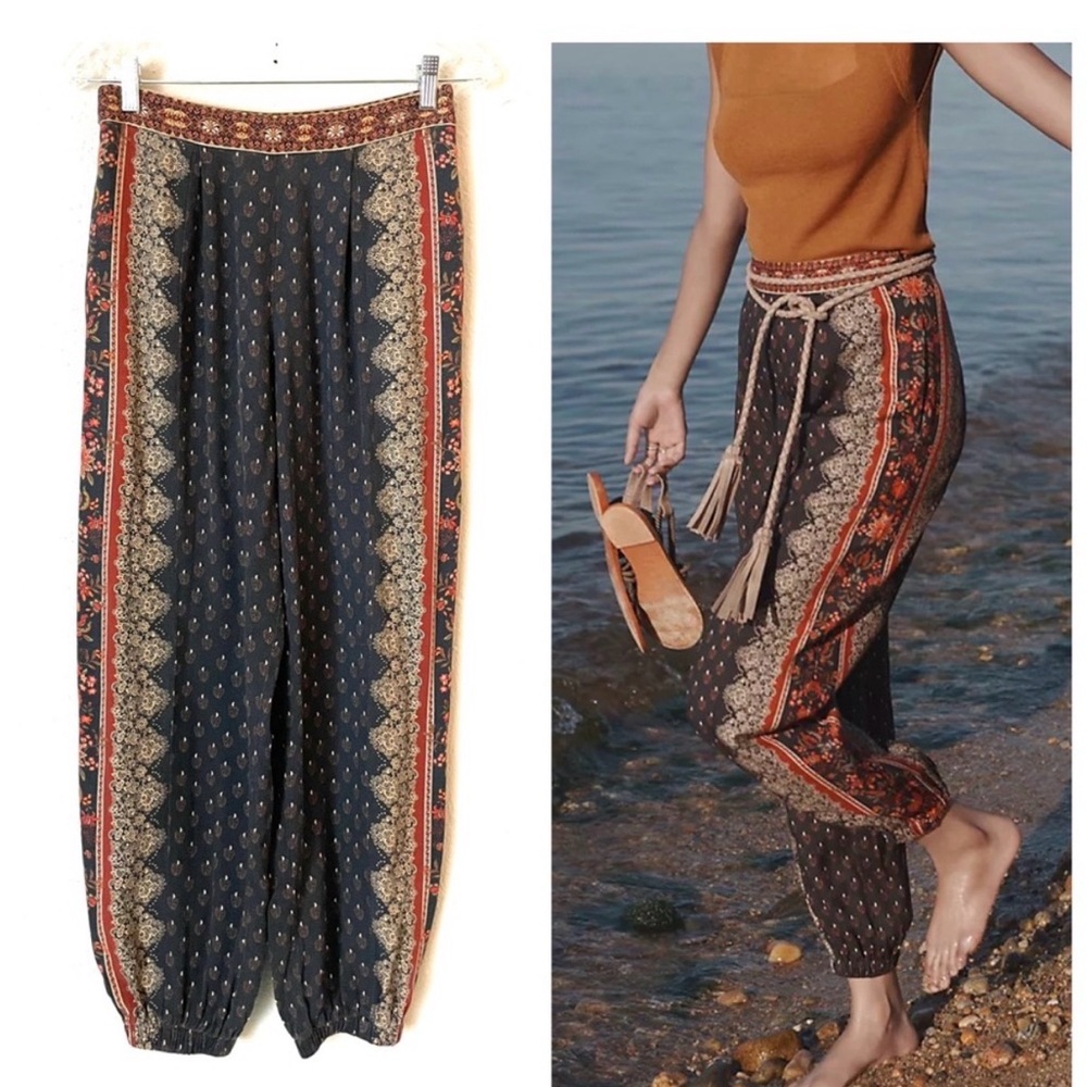 FARM Rio Anthropologie Black and Red Patterned Joggers